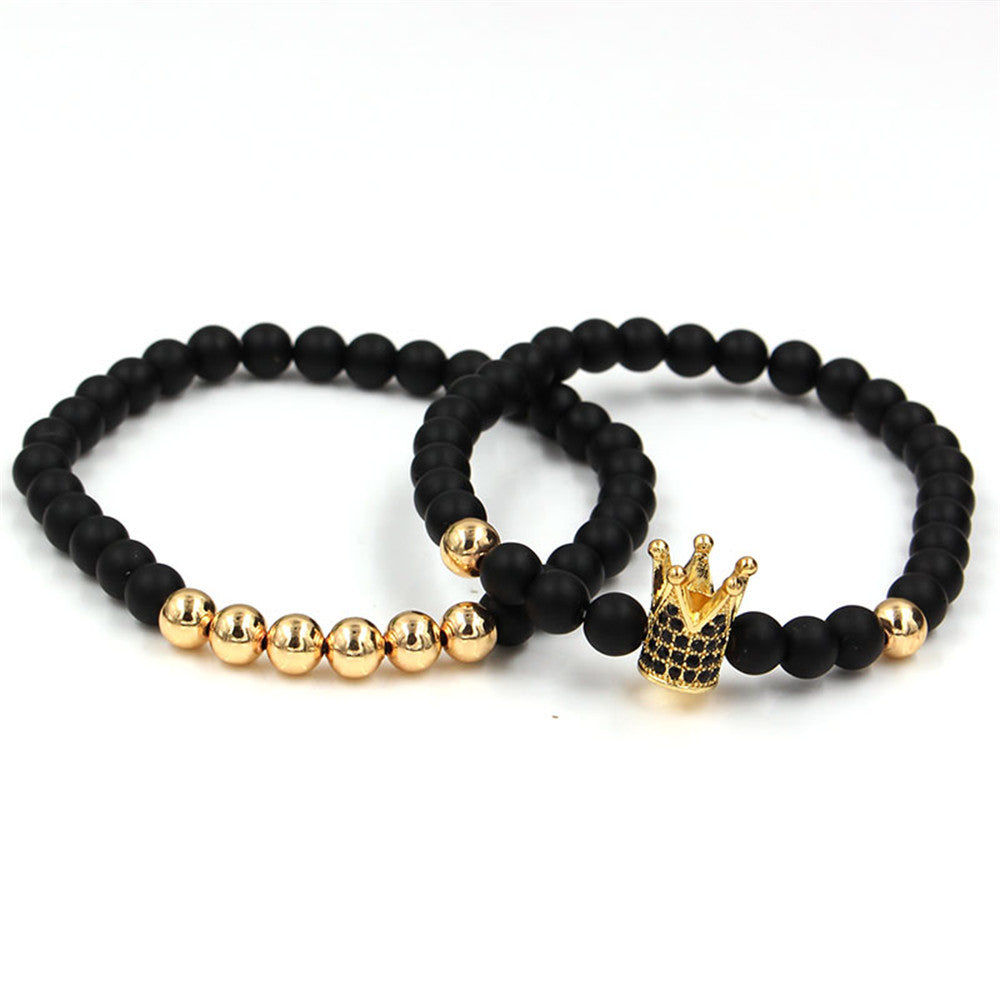 Wholesale 6mm Black Frosted Copper Beads Zircon Crown Bracelet